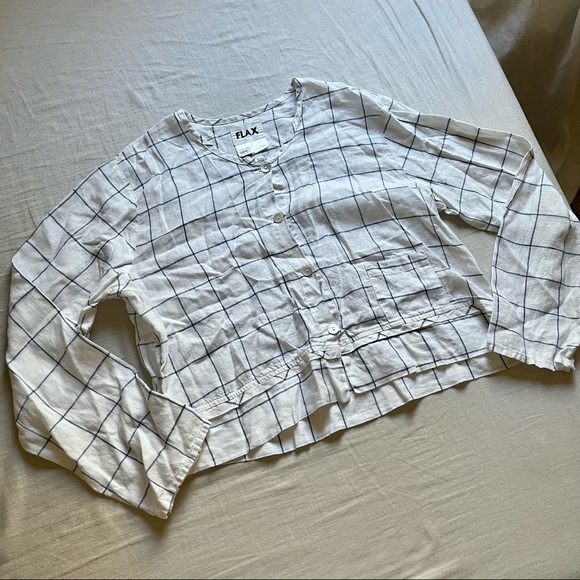 Flax Tops - Flax white plaid window pant grid print linen boxy button up cropped shirt